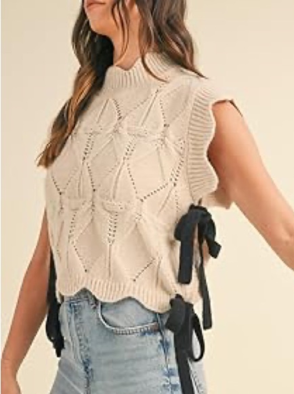 Cream Knit Sleeveless Sweater Vest with Black Side Ties